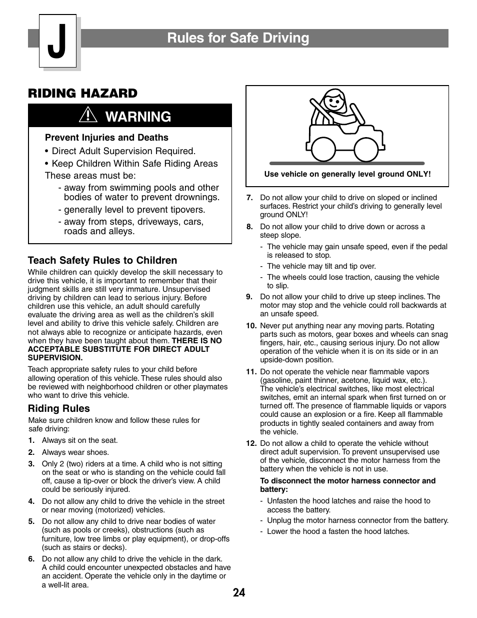 Rules for safe driving, Warning, Riding hazard | Fisher-Price BARBIE JEEP B2489 User Manual | Page 24 / 36