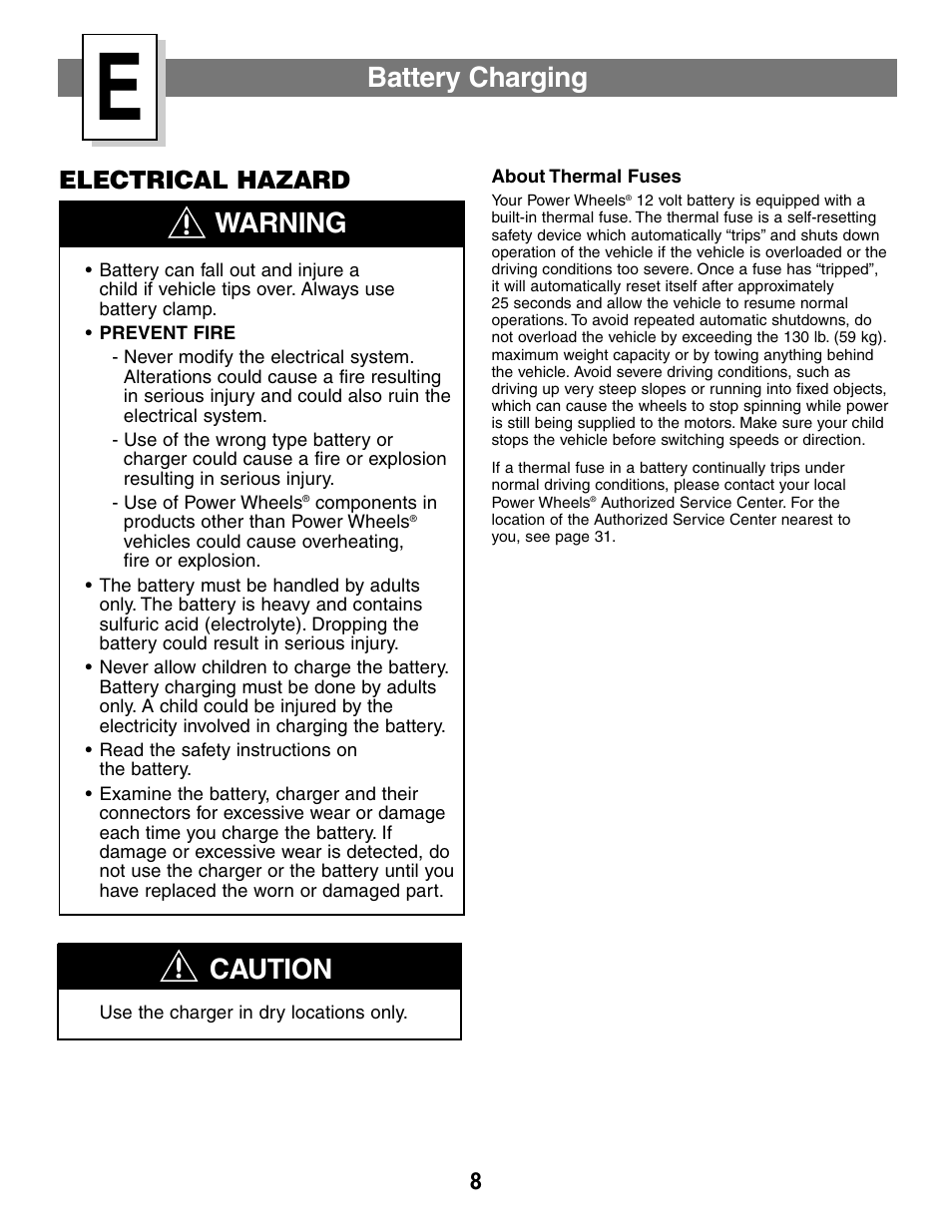 Warning, Battery charging, Caution | Electrical hazard | Fisher-Price BARBIE JEEP B2489 User Manual | Page 8 / 36