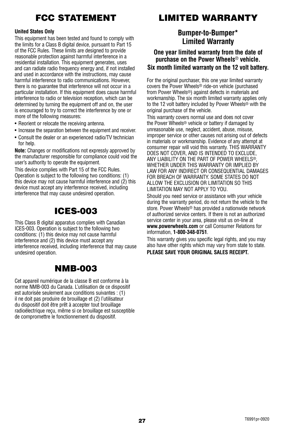 Limited warranty fcc statement, Bumper-to-bumper* limited warranty | Fisher-Price Power Wheels Ford F-150 T6991 User Manual | Page 27 / 28