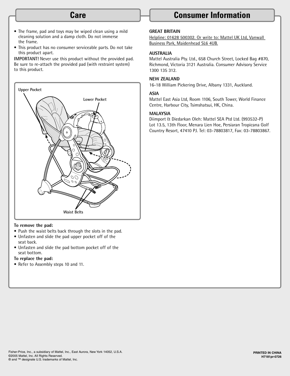 Consumer information, Care | Fisher-Price H7181 User Manual | Page 12 / 12