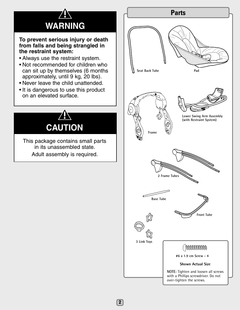 Warning, Caution, Parts | Fisher-Price H7181 User Manual | Page 2 / 12