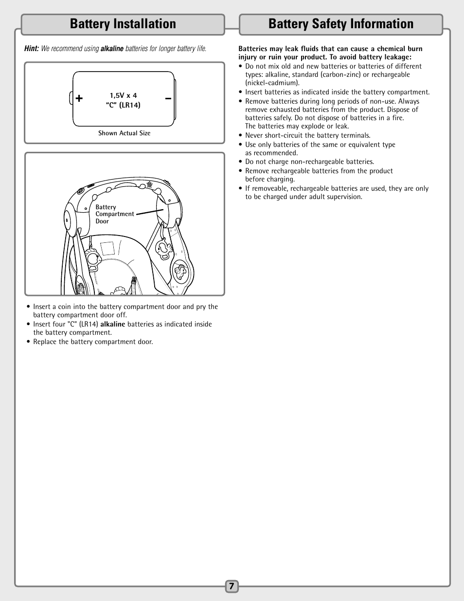 Battery installation battery safety information | Fisher-Price H7181 User Manual | Page 7 / 12