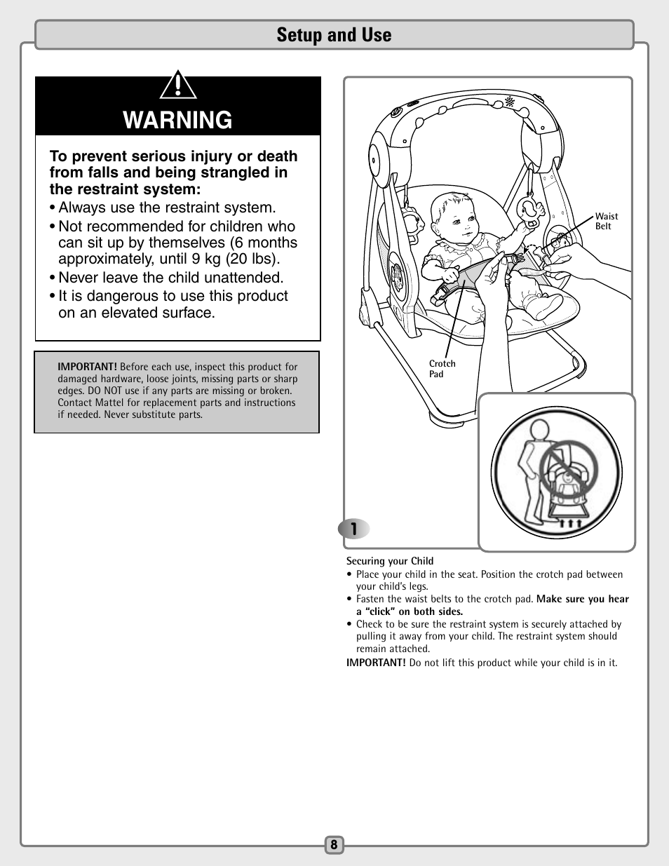 Warning, Setup and use | Fisher-Price H7181 User Manual | Page 8 / 12