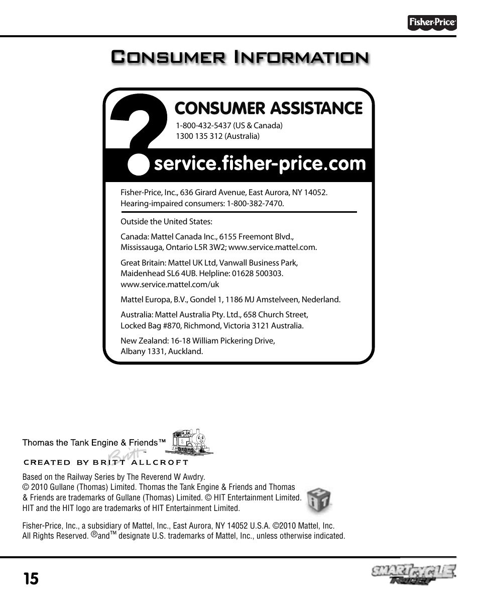 Consumer information, Consumer assistance | Fisher-Price SMARTCYCLE RACER T6353 User Manual | Page 15 / 16