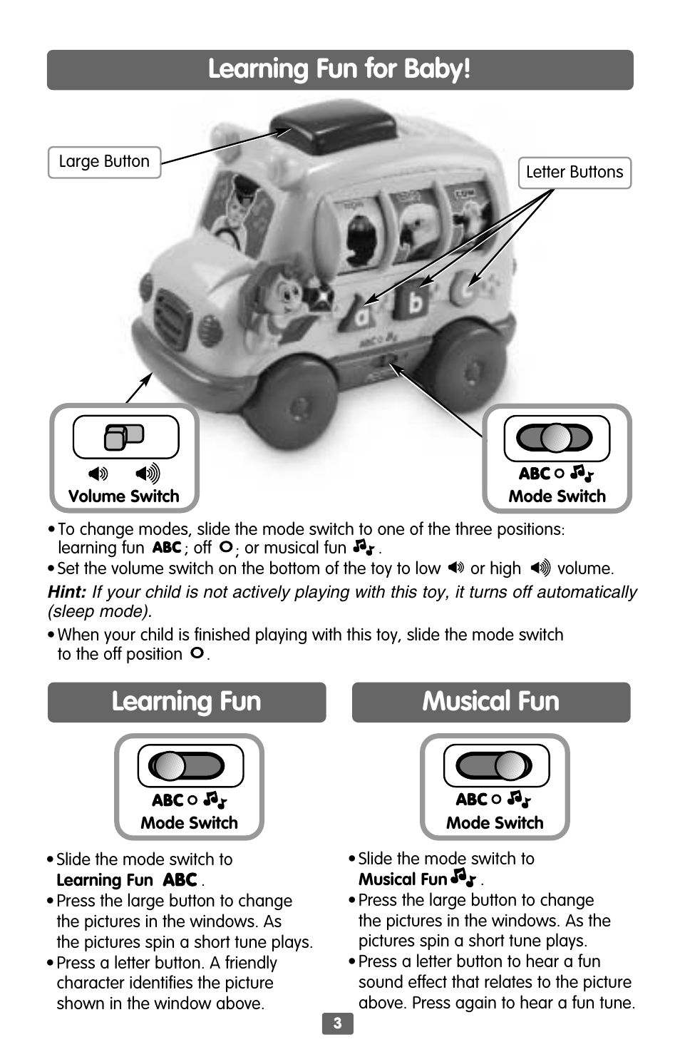 Learning fun for baby, Learning fun musical fun | Fisher-Price ALPHA BUS B4860 User Manual | Page 3 / 4