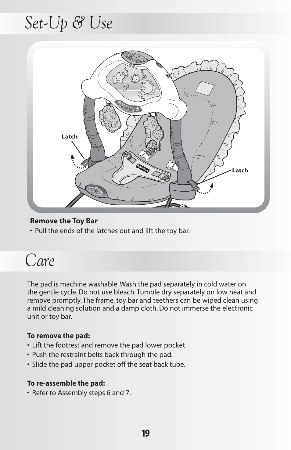 Set-up & use, Care | Fisher-Price 79030 User Manual | Page 19 / 20