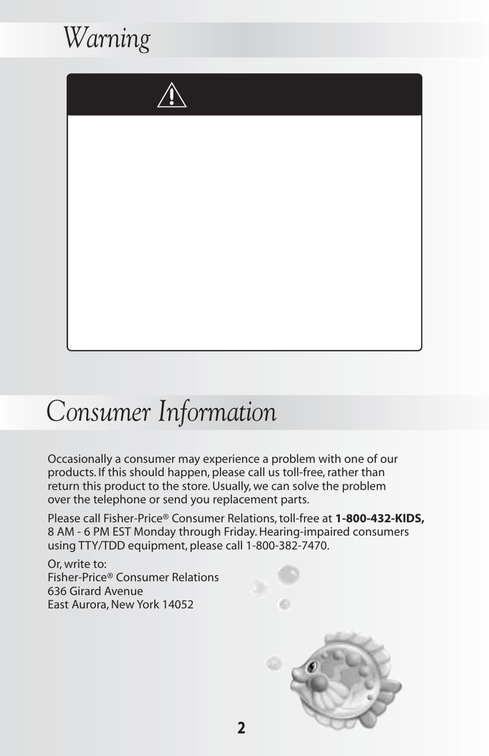 Warning, Consumer information | Fisher-Price 79030 User Manual | Page 2 / 20