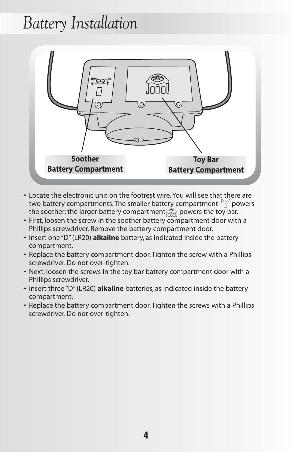 Battery installation | Fisher-Price 79030 User Manual | Page 4 / 20