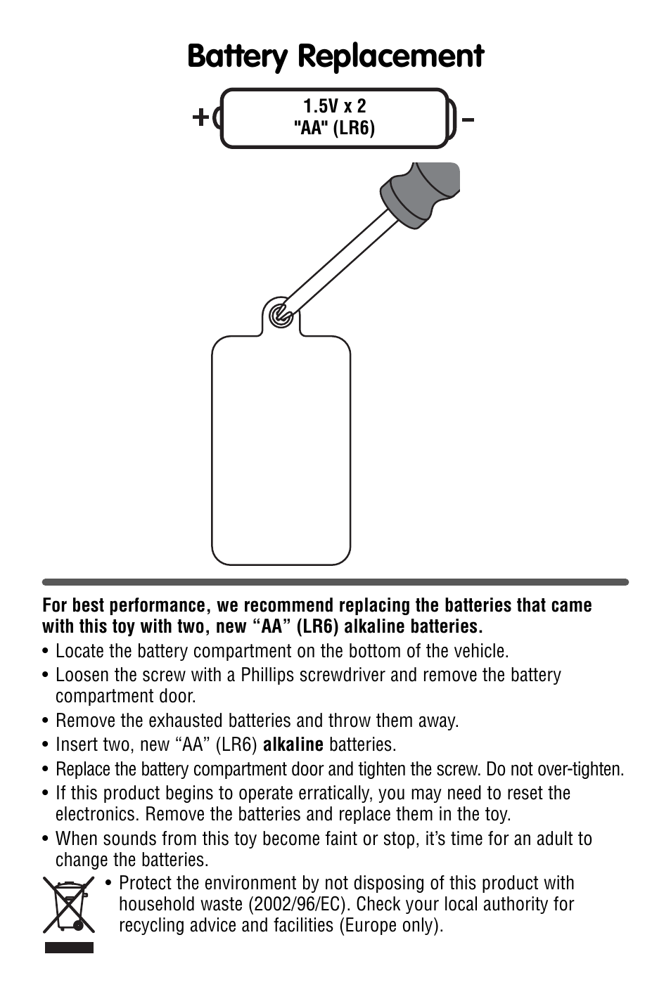 Battery replacement | Fisher-Price R8526 User Manual | Page 2 / 4