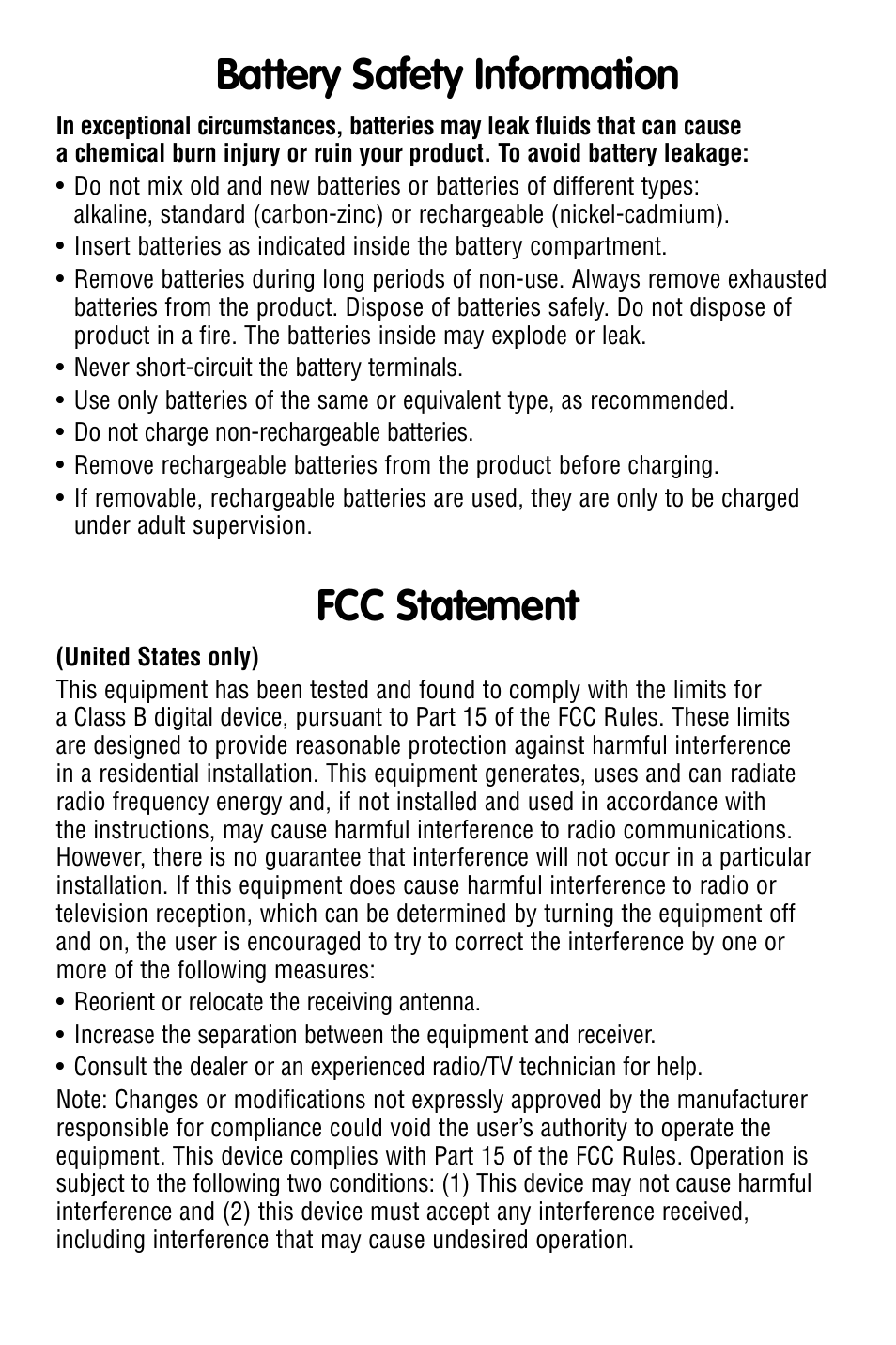 Battery safety information fcc statement | Fisher-Price R8526 User Manual | Page 3 / 4