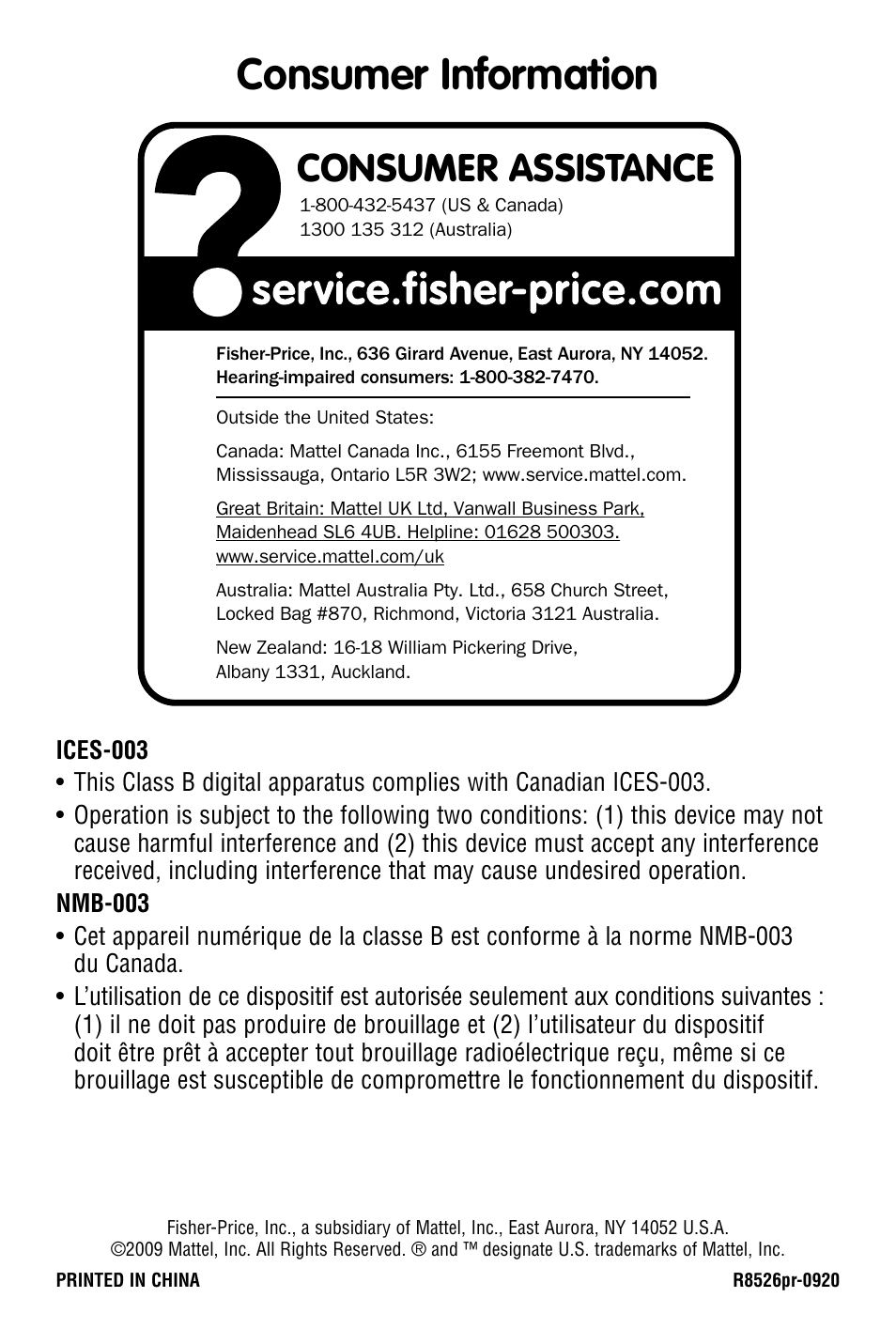 Consumer information, Consumer assistance | Fisher-Price R8526 User Manual | Page 4 / 4