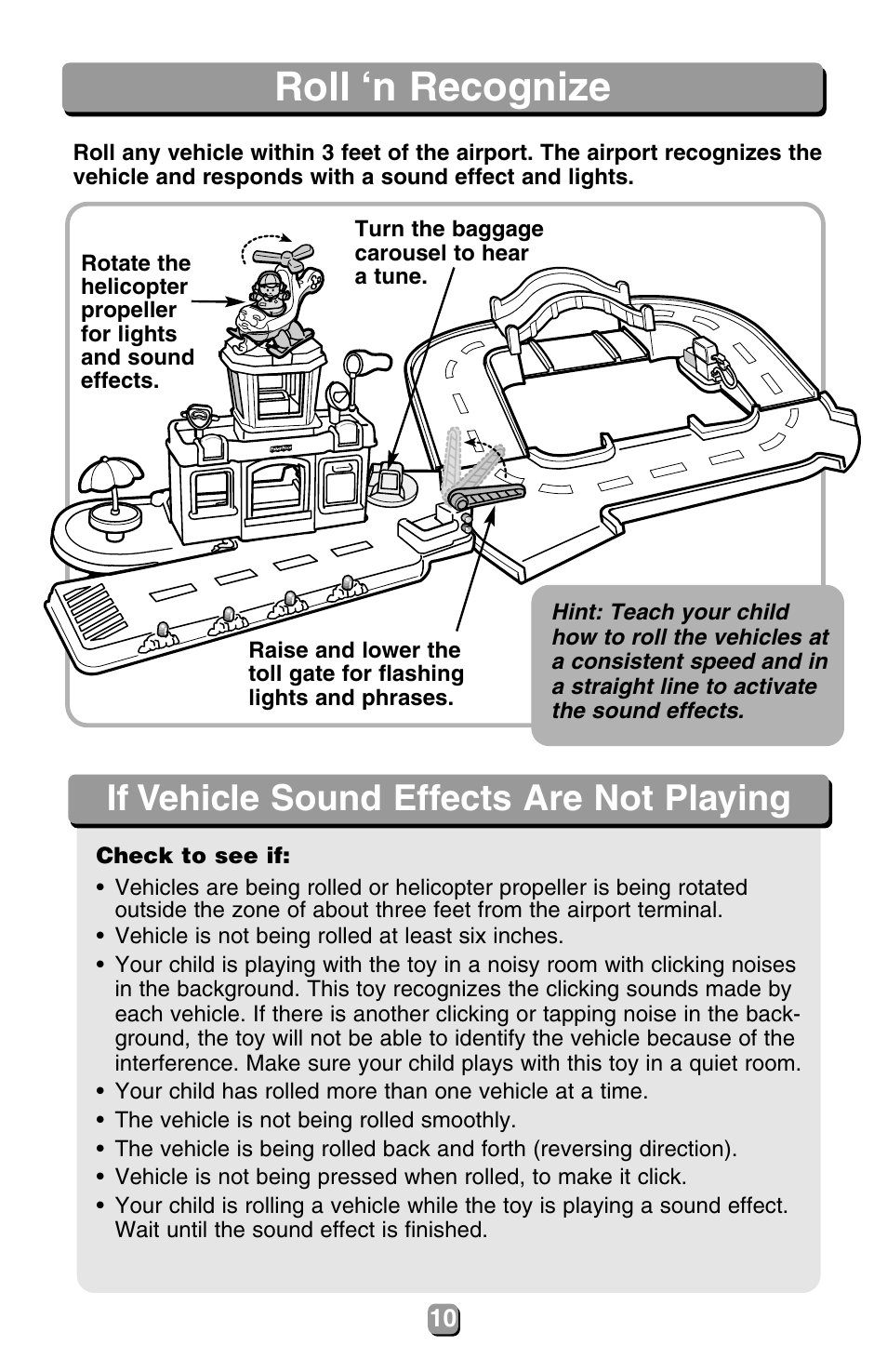 Roll ‘n recognize, If vehicle sound effects are not playing | Fisher-Price 77831 User Manual | Page 10 / 12