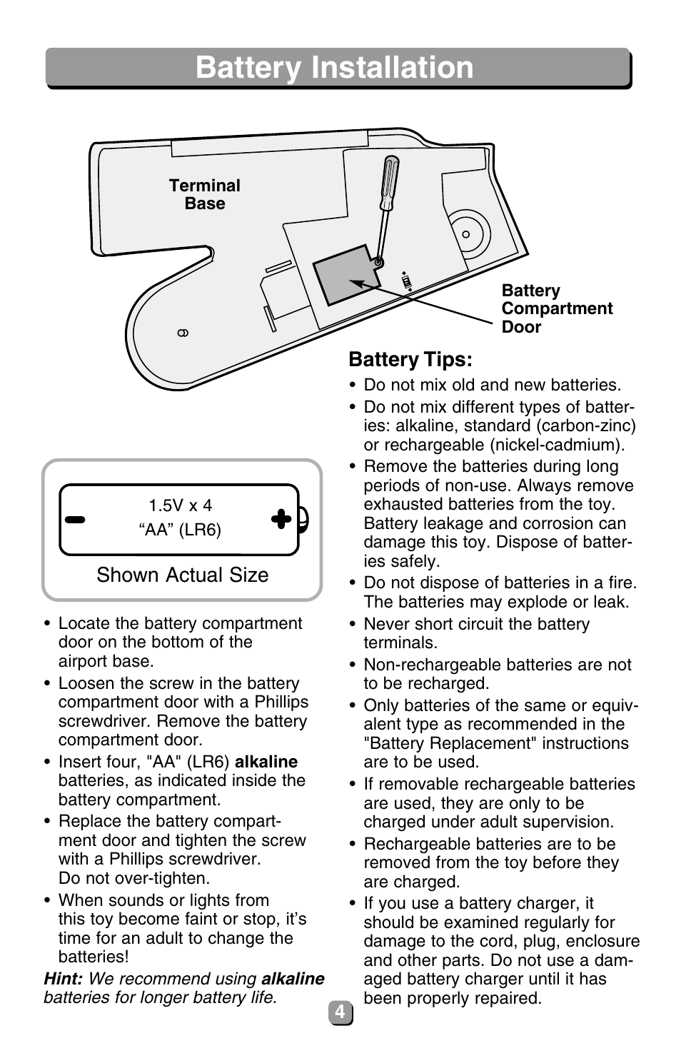 Parts battery installation | Fisher-Price 77831 User Manual | Page 4 / 12