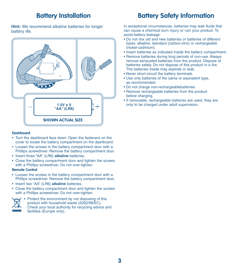 Battery installation battery safety information | Fisher-Price MIRACLES & MILESTONES K5520 User Manual | Page 3 / 6