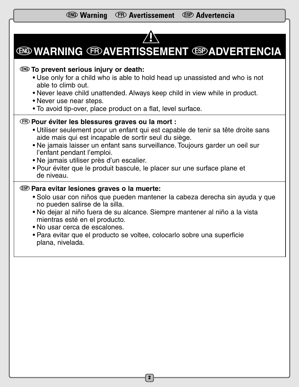 Ewarning favertissement sadvertencia | Fisher-Price B9639 User Manual | Page 2 / 12