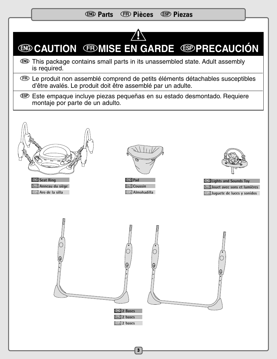 Ecaution fmise en garde sprecaución, E parts f pièces s piezas | Fisher-Price B9639 User Manual | Page 3 / 12