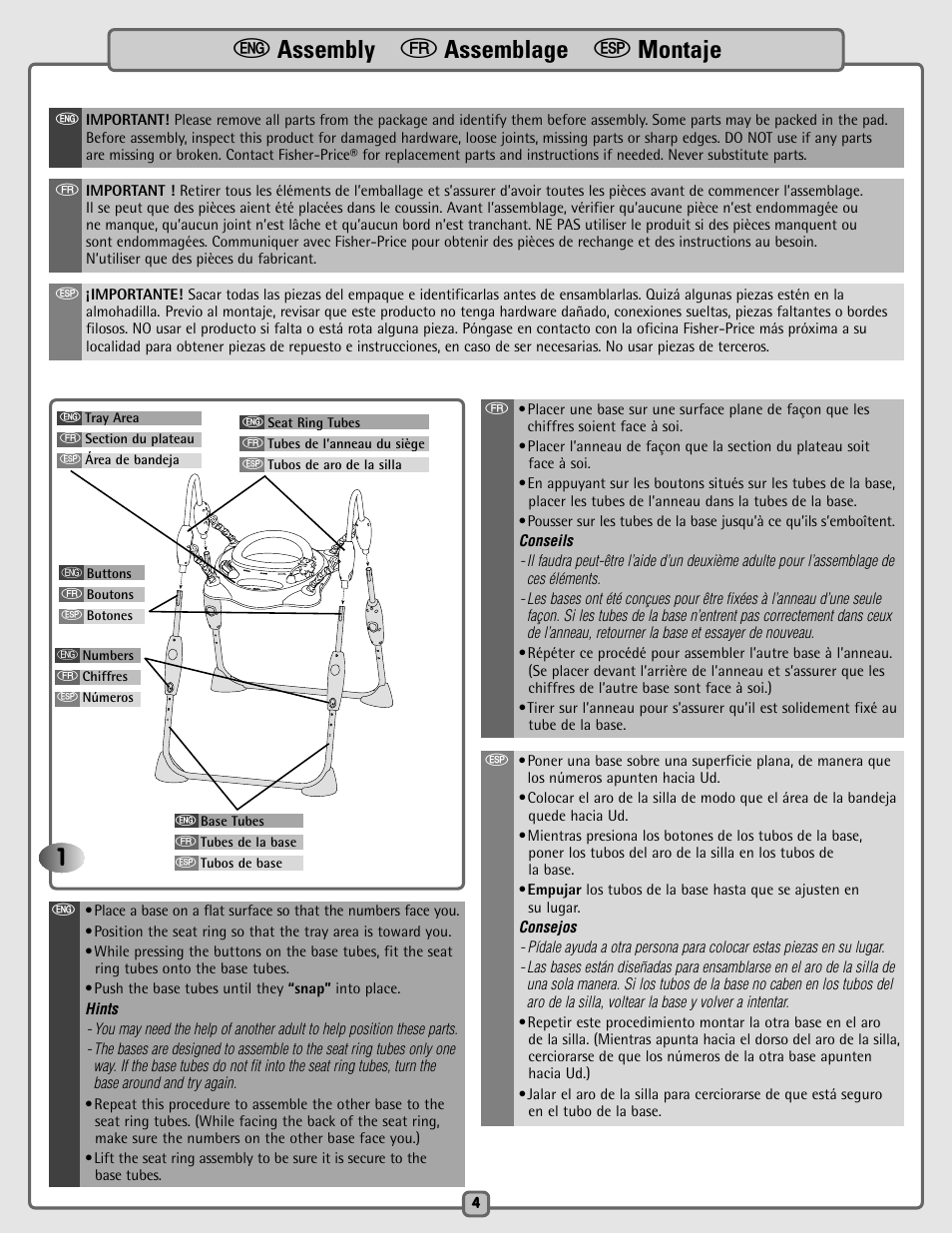 E assembly f assemblage s montaje | Fisher-Price B9639 User Manual | Page 4 / 12