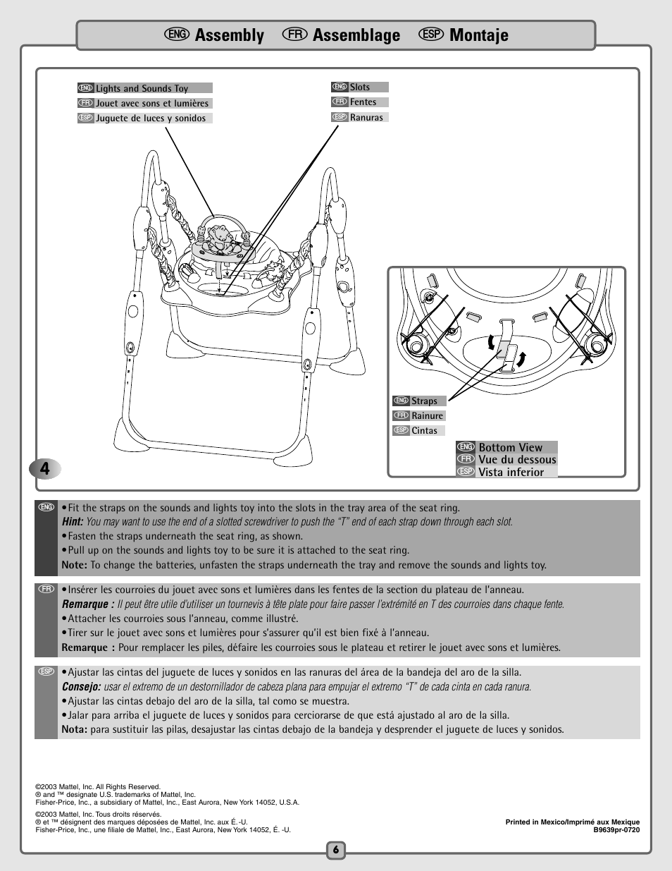 E assembly f assemblage s montaje | Fisher-Price B9639 User Manual | Page 6 / 12