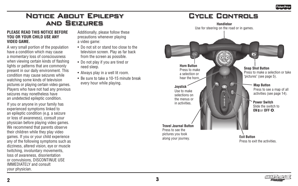 Cycle controls, Notice about epilepsy and seizures | Fisher-Price PHYSICAL LEARNING ARCADE SYSTEM T6348 User Manual | Page 2 / 8