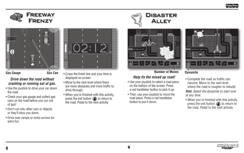Freeway frenzy, Disaster alley | Fisher-Price PHYSICAL LEARNING ARCADE SYSTEM T6348 User Manual | Page 5 / 8