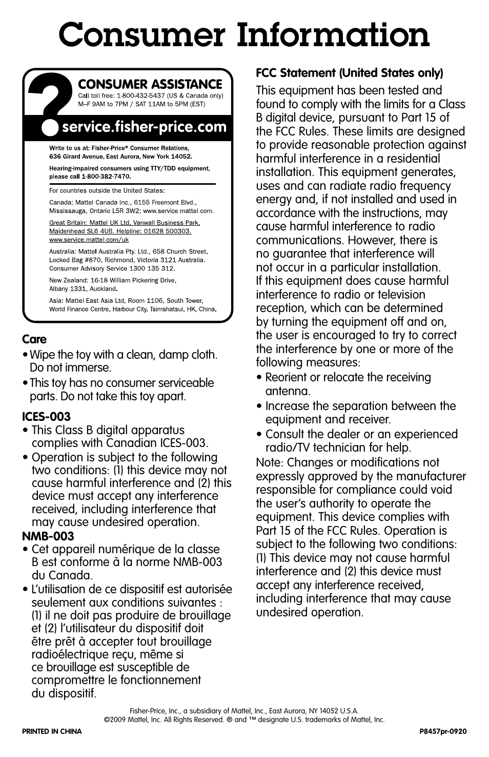 Consumer information | Fisher-Price GEOTRAX P8457 User Manual | Page 4 / 4