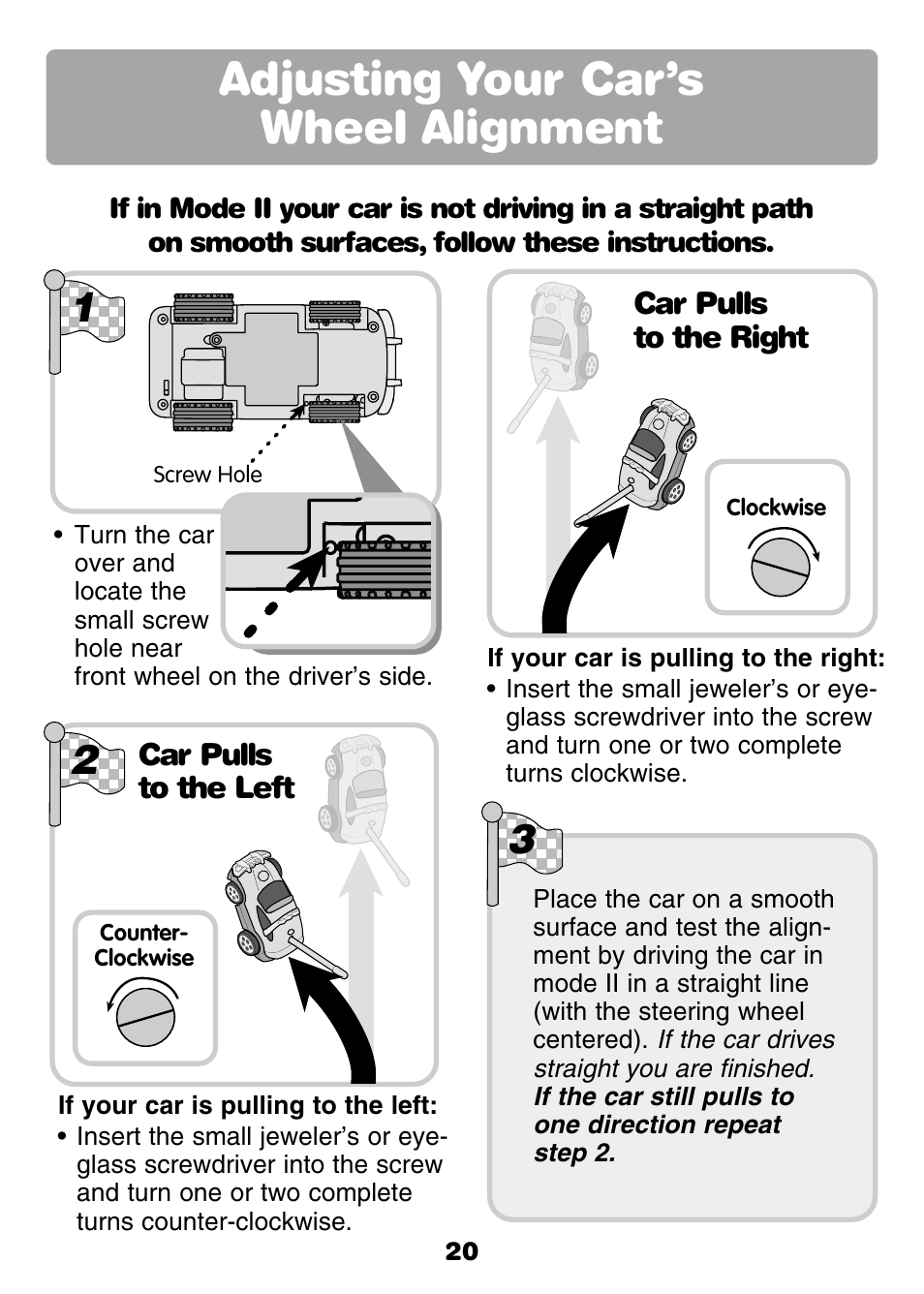 Adjusting your car’s wheel alignment | Fisher-Price GROW WITH ME RC RALLY 77306 User Manual | Page 20 / 24