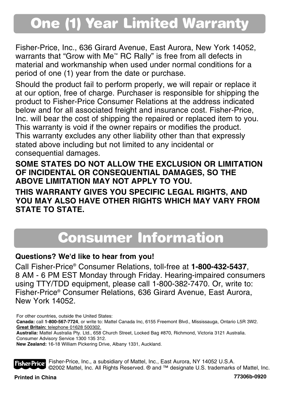 Consumer information, One (1) year limited warranty | Fisher-Price GROW WITH ME RC RALLY 77306 User Manual | Page 24 / 24