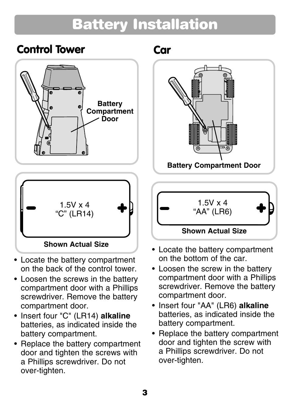 Battery installation, Control tower | Fisher-Price GROW WITH ME RC RALLY 77306 User Manual | Page 3 / 24