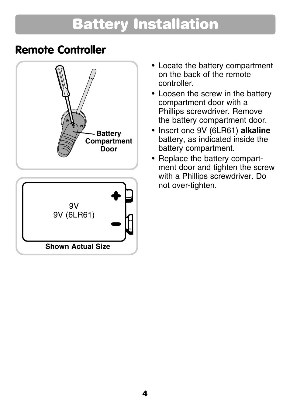 Battery installation, Remote controller | Fisher-Price GROW WITH ME RC RALLY 77306 User Manual | Page 4 / 24