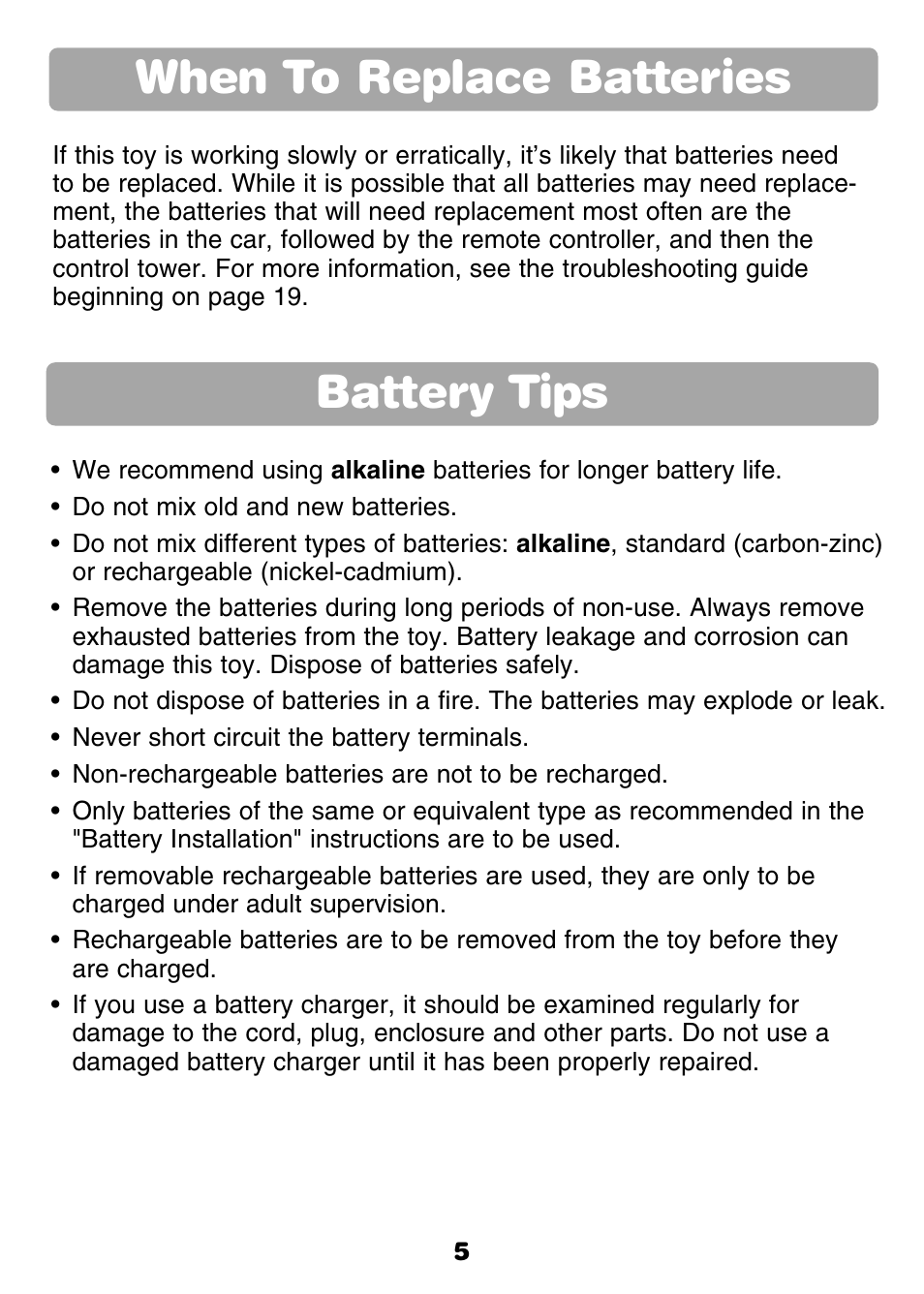 Battery tips, When to replace batteries | Fisher-Price GROW WITH ME RC RALLY 77306 User Manual | Page 5 / 24