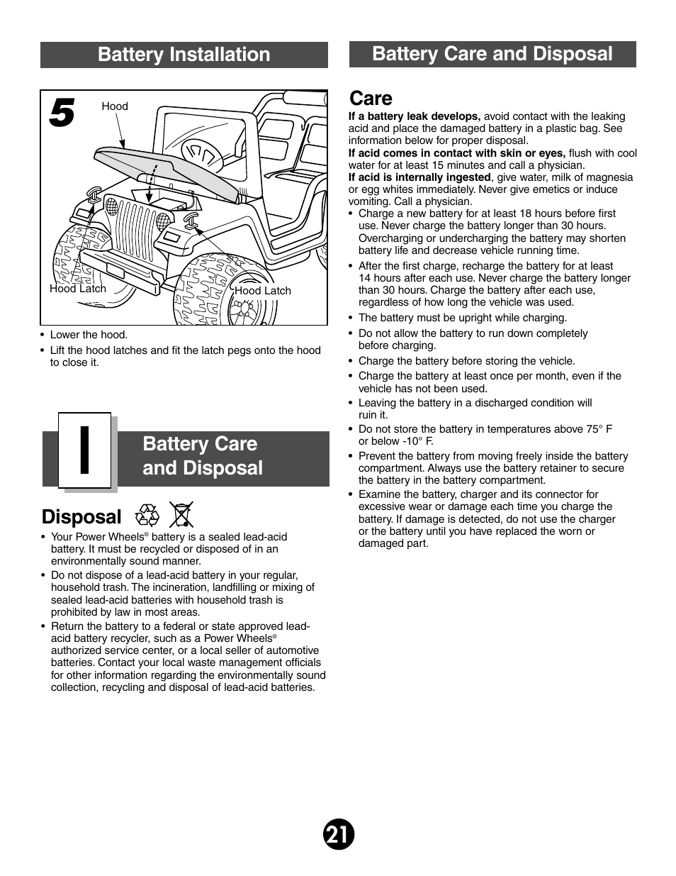 Care disposal battery installation | Fisher-Price 74340 User Manual | Page 21 / 32