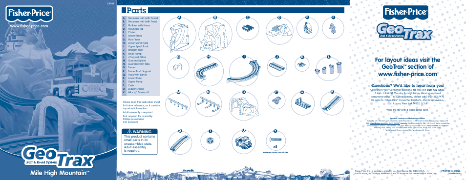 Parts, Mile high mountain, For layout ideas visit the geotrax | Jf c | Fisher-Price MILE HIGH MOUNTAIN C6994 User Manual | Page 2 / 6