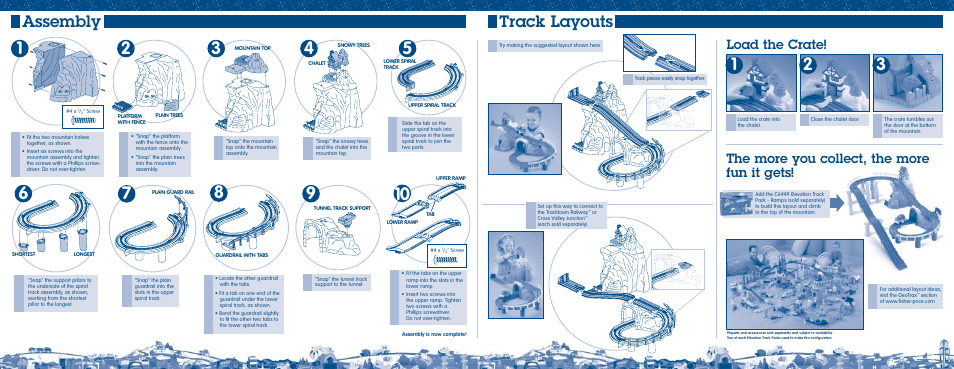 Assembly, Track layouts | Fisher-Price MILE HIGH MOUNTAIN C6994 User Manual | Page 3 / 6