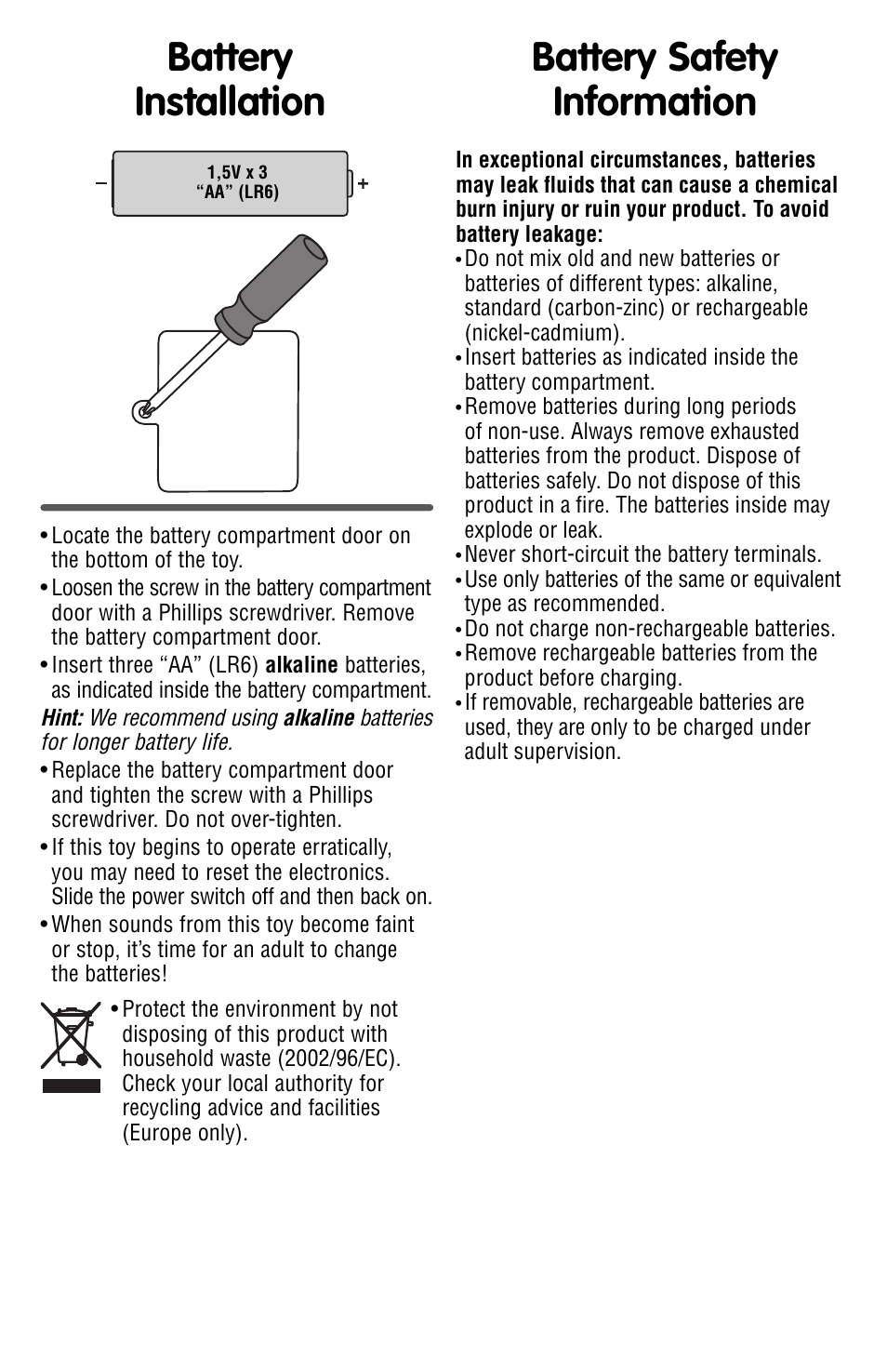 Battery installation, Battery safety information | Fisher-Price V2727 User Manual | Page 2 / 4