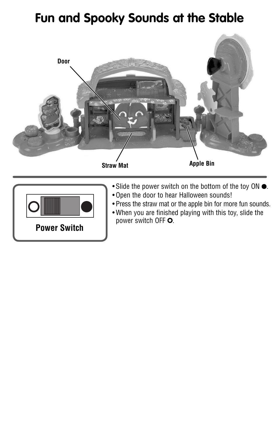 Fun and spooky sounds at the stable, Power switch | Fisher-Price V2727 User Manual | Page 3 / 4