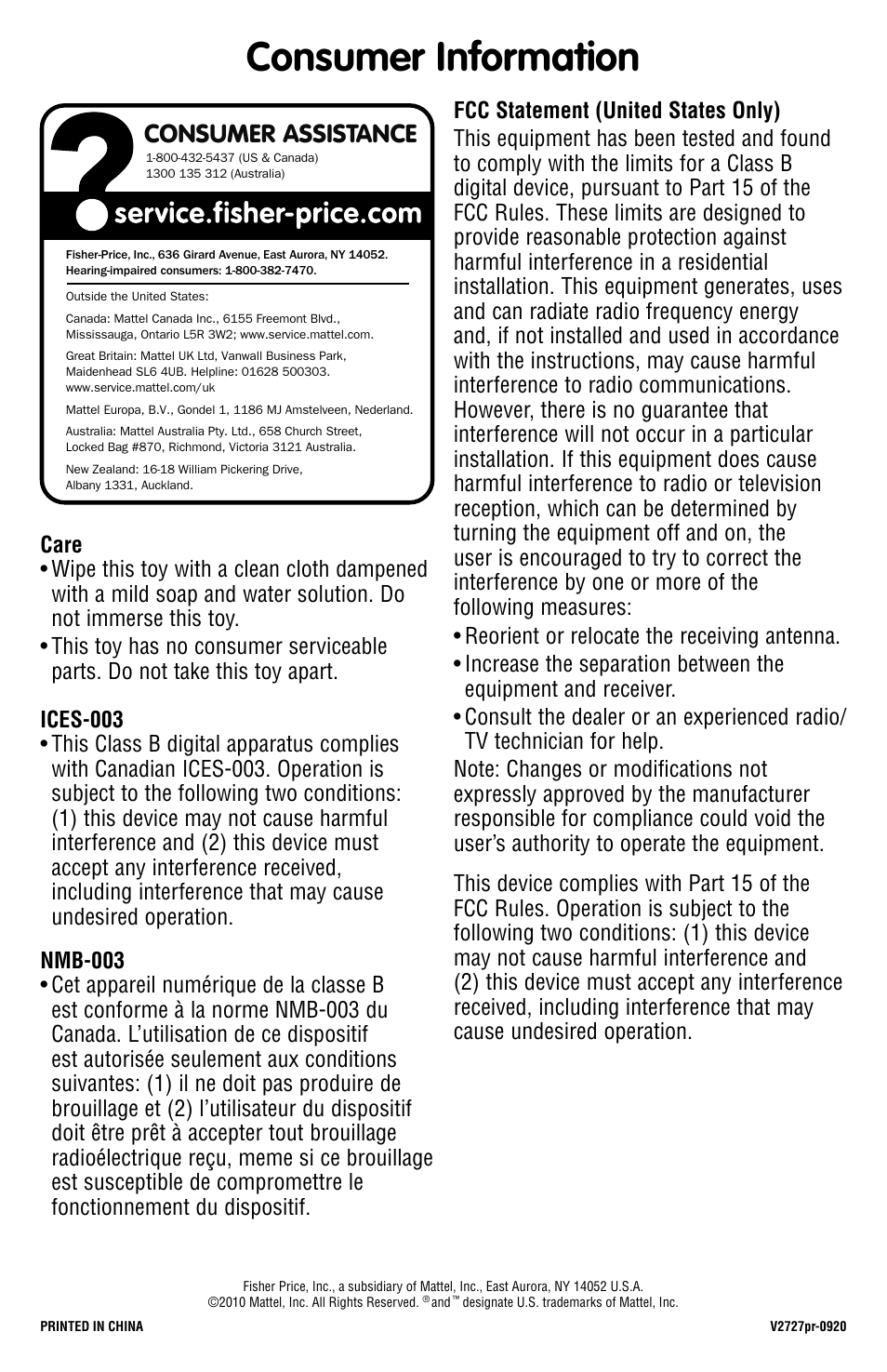 Consumer information, Consumer assistance | Fisher-Price V2727 User Manual | Page 4 / 4