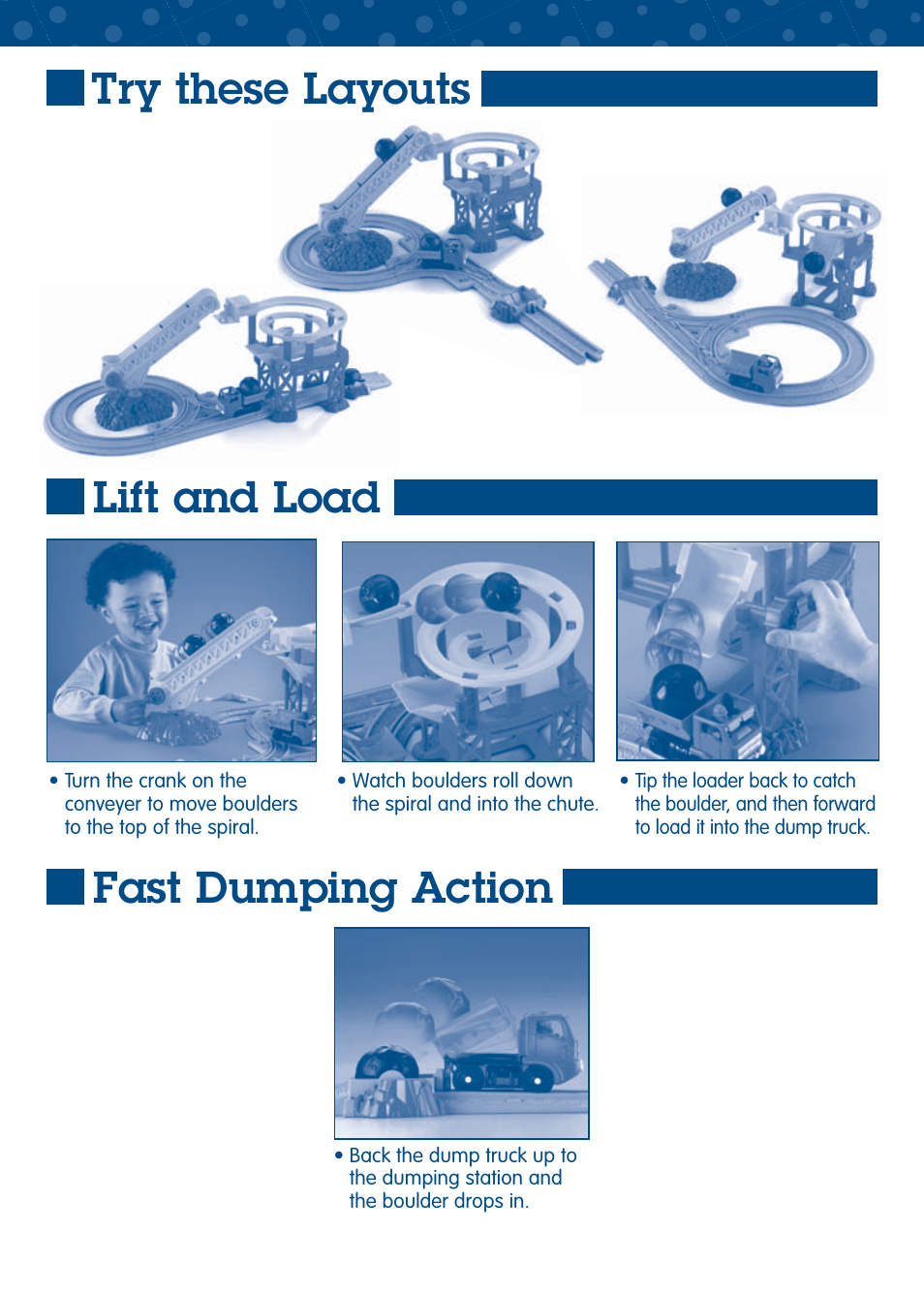 Try these layouts, Lift and load fast dumping action | Fisher-Price GEOTRAX L5888 User Manual | Page 5 / 6