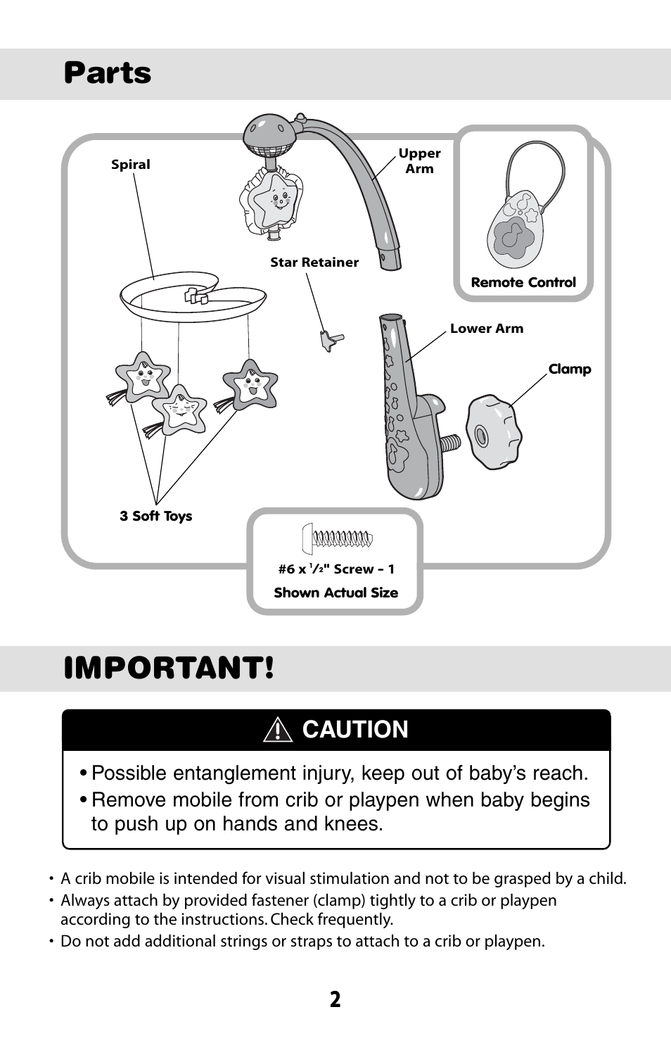 Parts, Important, Caution | Fisher-Price 74120 User Manual | Page 2 / 12