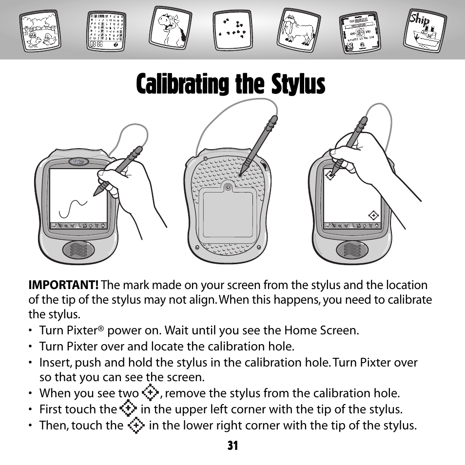 Calibrating the stylus | Fisher-Price PIXTER B8287 User Manual | Page 31 / 36