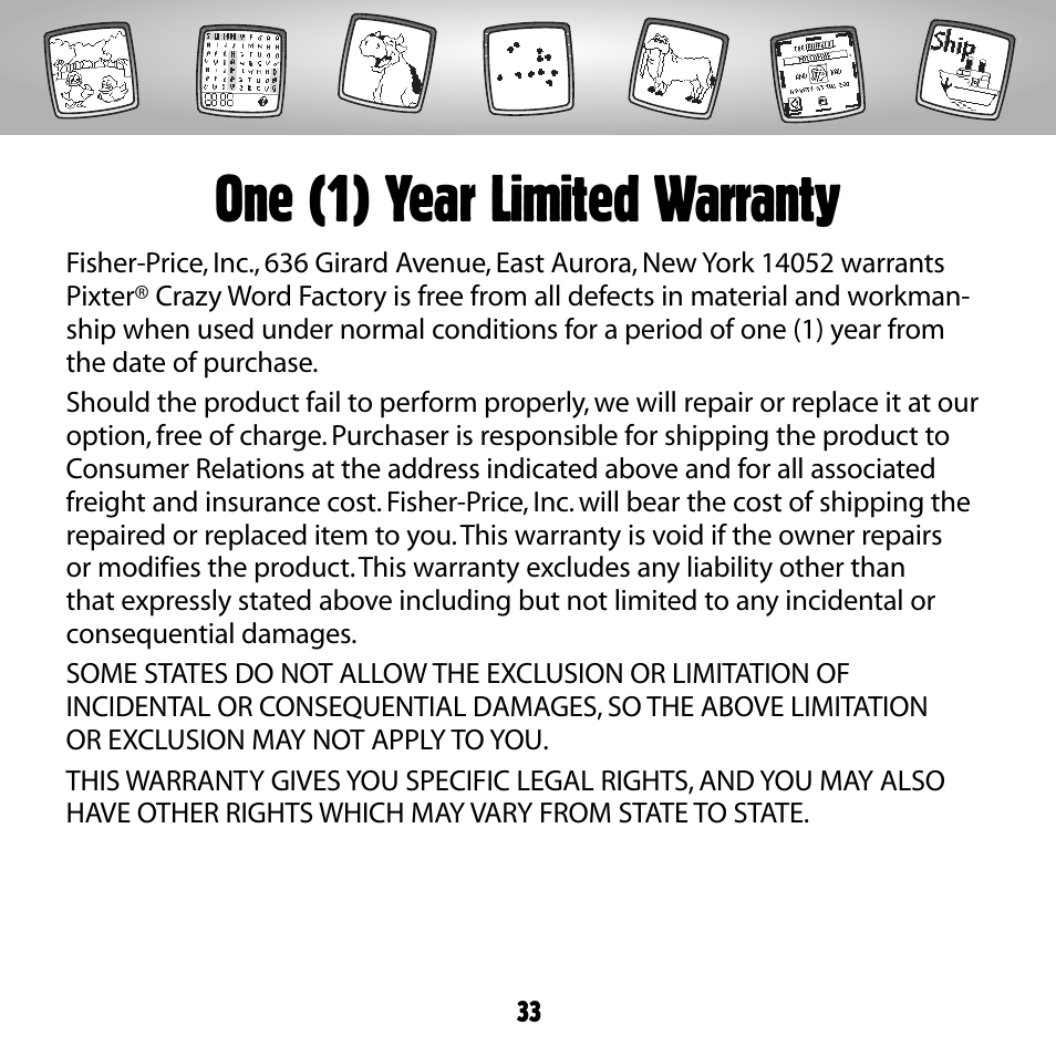 One (1) year limited warranty | Fisher-Price PIXTER B8287 User Manual | Page 33 / 36