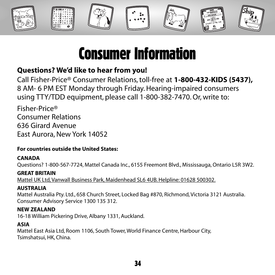 Consumer information | Fisher-Price PIXTER B8287 User Manual | Page 34 / 36