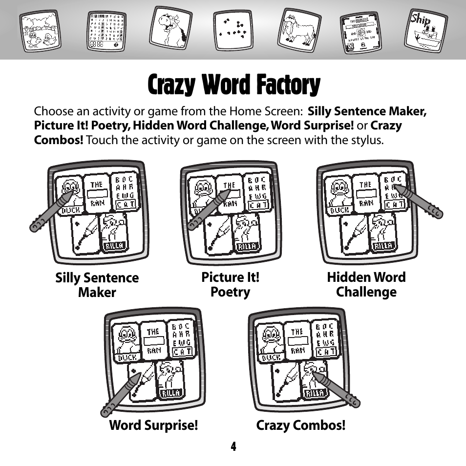 Crazy word factory | Fisher-Price PIXTER B8287 User Manual | Page 4 / 36