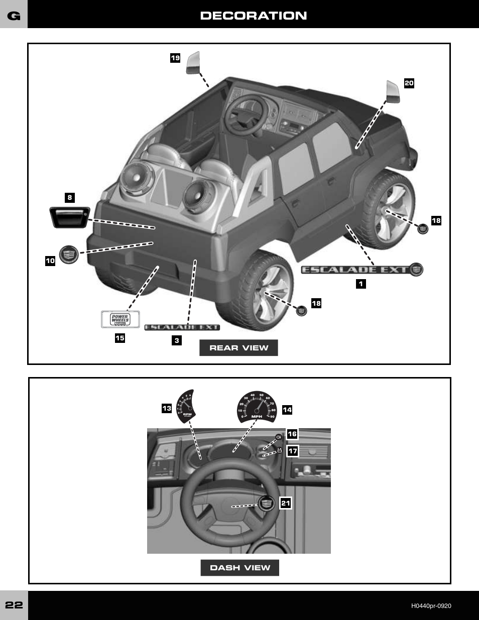 Decoration, Rear view dash view | Fisher-Price POWER WHEELS H0440 User Manual | Page 22 / 36