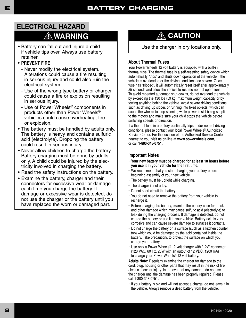 Warning caution, Electrical hazard, Battery charging | Fisher-Price POWER WHEELS H0440 User Manual | Page 8 / 36
