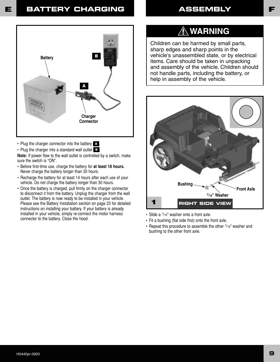 Warning, Battery charging, Assembly 1 | Fisher-Price POWER WHEELS H0440 User Manual | Page 9 / 36