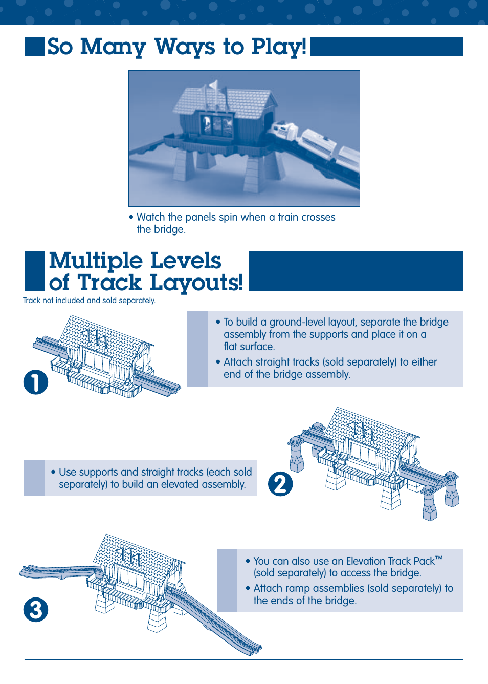 So many ways to play, Multiple levels of track layouts | Fisher-Price GEO TRAX M2100 User Manual | Page 3 / 4