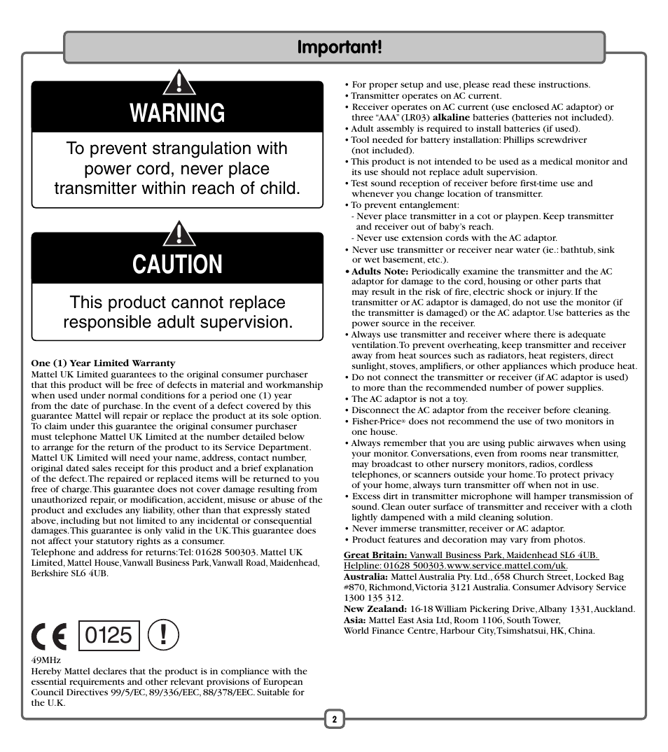 Warning, Caution, Important | Fisher-Price J6998 User Manual | Page 2 / 8
