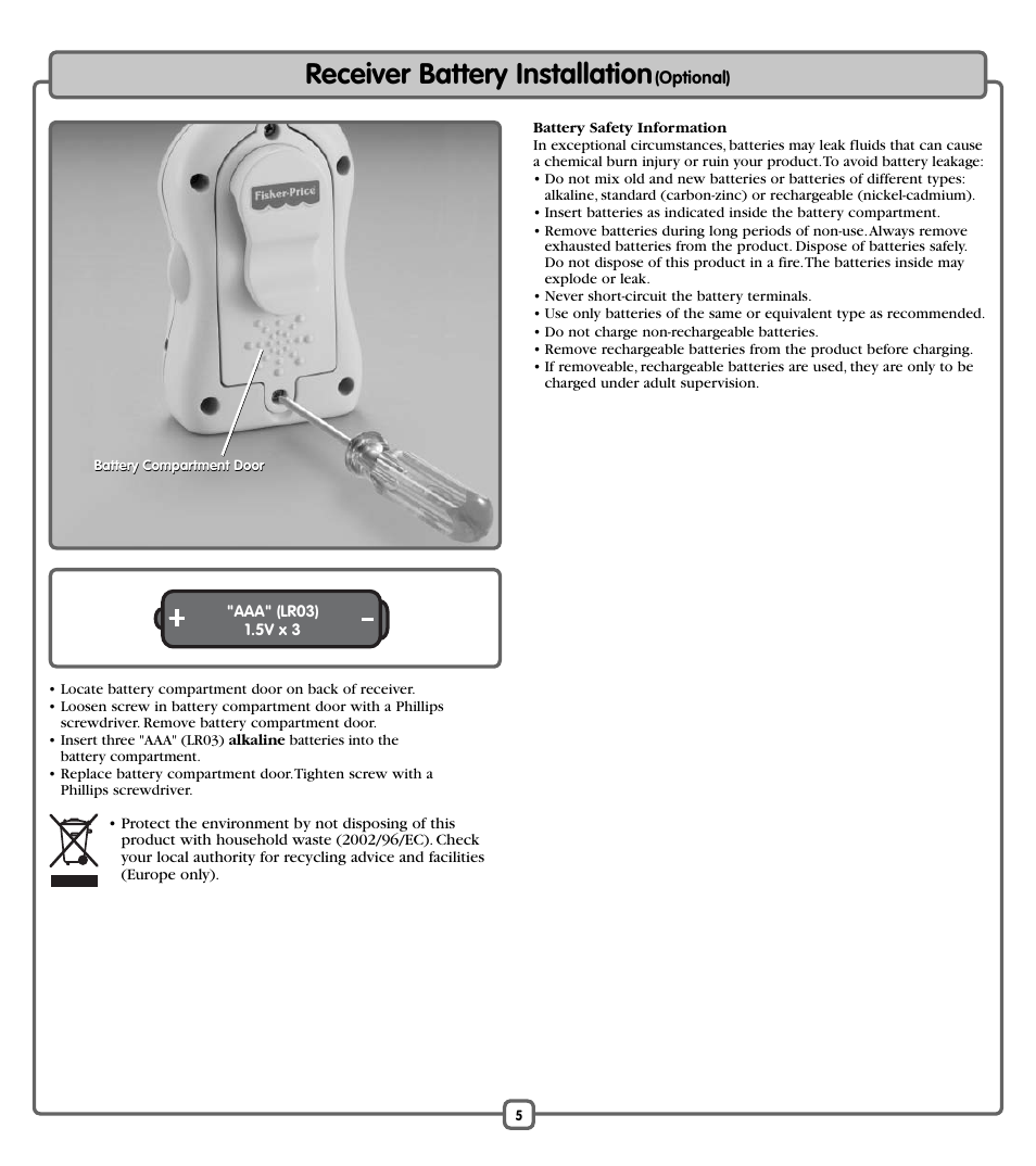 Receiver battery installation | Fisher-Price J6998 User Manual | Page 5 / 8