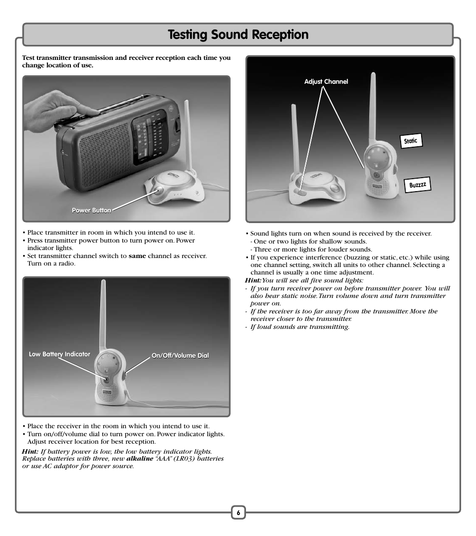 Testing sound reception | Fisher-Price J6998 User Manual | Page 6 / 8