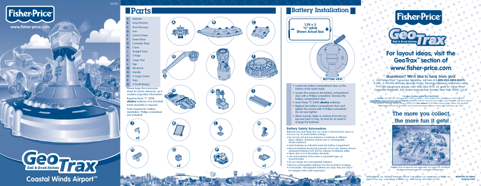 Parts, Coastal winds airport, For layout ideas, visit the geotrax | Battery installation, The more you collect, the more fun it gets | Fisher-Price GEO TRAX G5760 User Manual | Page 5 / 5